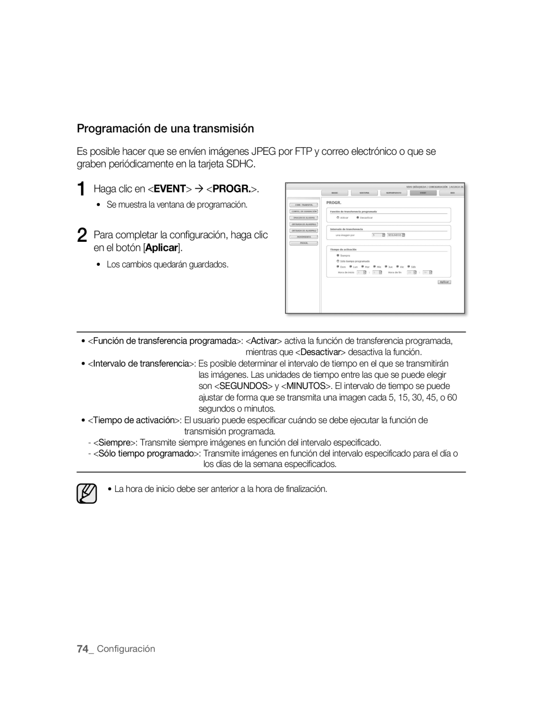 Samsung SNC-B5395P manual Programación de una transmisión, Se muestra la ventana de programación 