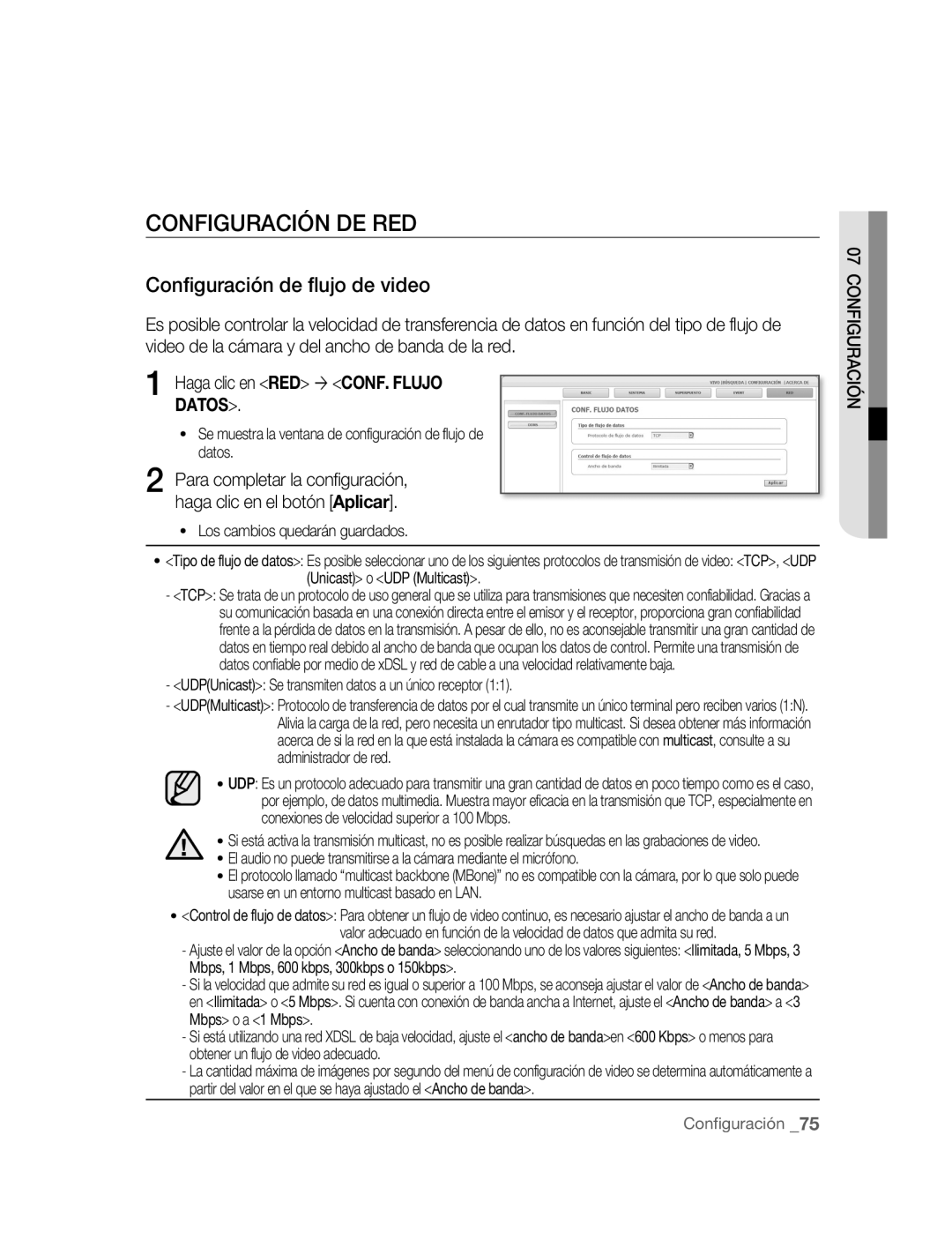 Samsung SNC-B5395P manual Configuración DE RED, Configuración de flujo de video 