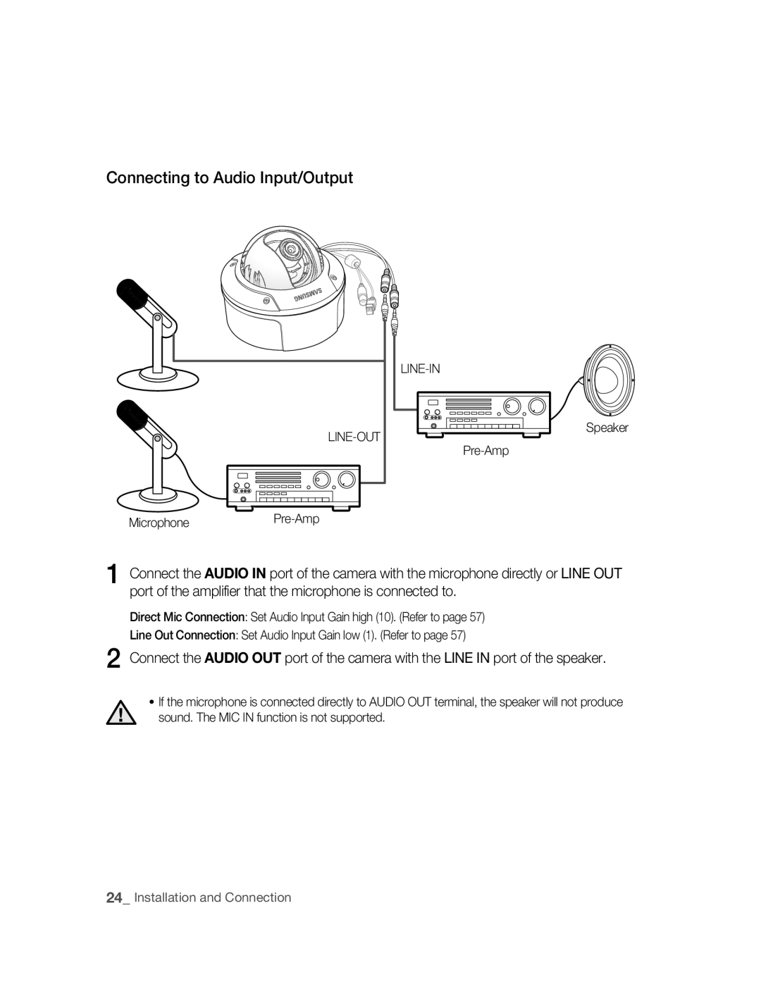 Samsung SNC-B5395P manual Connecting to Audio Input/Output, MicrophonePre-Amp, Pre-Amp Speaker 