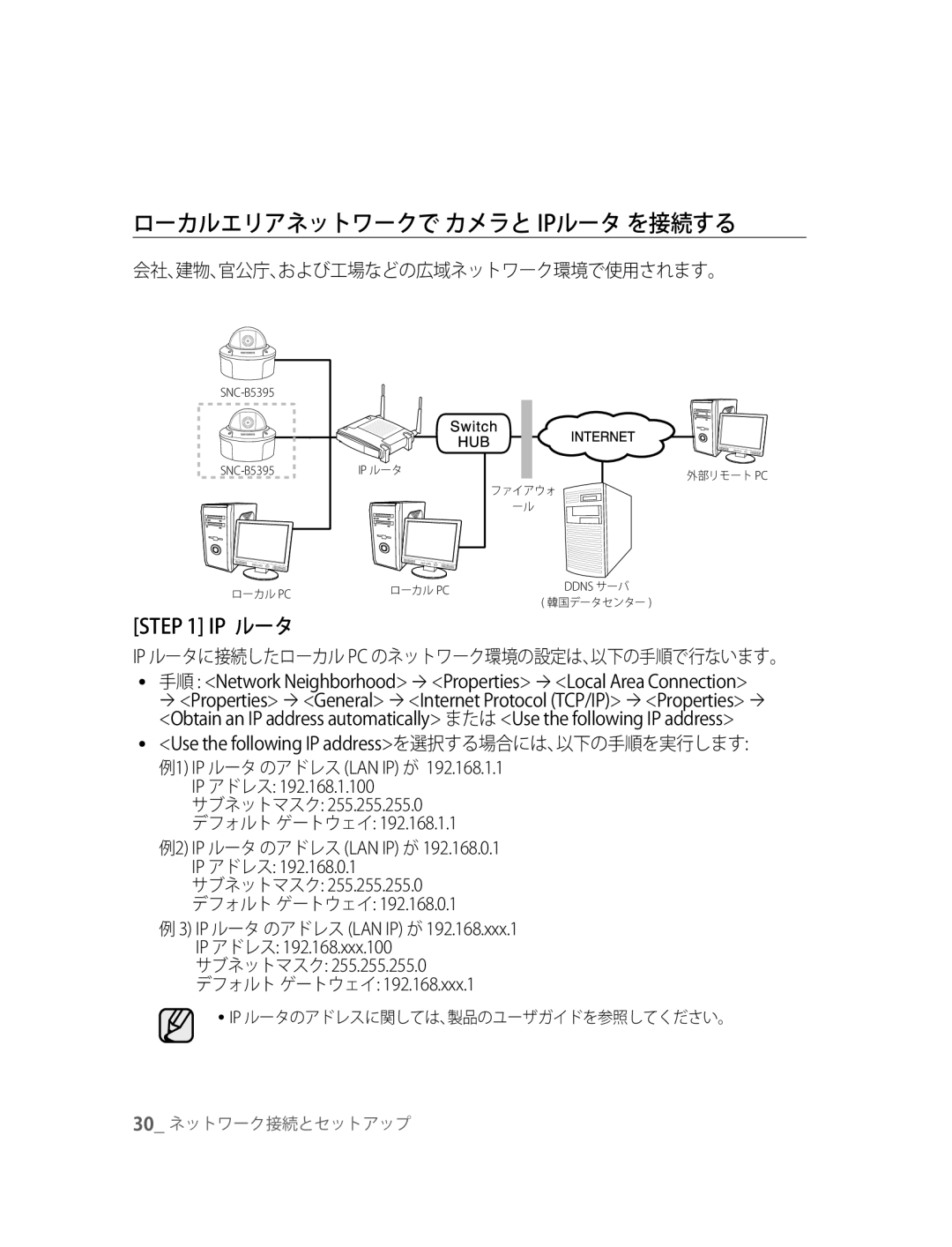 Samsung SNC-B5395P manual ローカルエリアネットワークで カメラと Ipルータ を接続する, Ip ルータ, 会社、建物、官公庁、および工場などの広域ネットワーク環境で使用されます。 