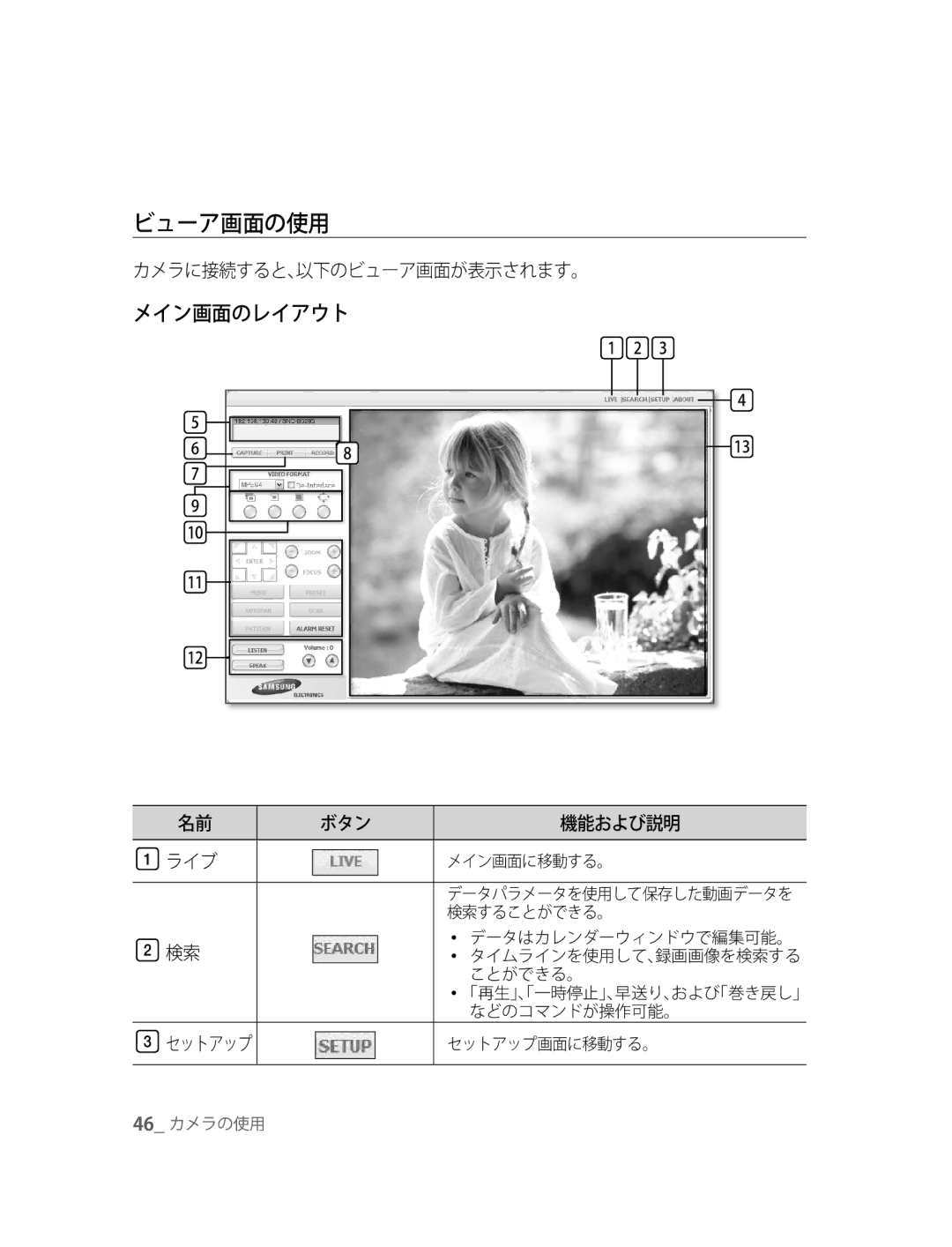 Samsung SNC-B5395P manual ビューア画面の使用, メイン画面のレイアウト, カメラに接続すると、以下のビューア画面が表示されます。, ボタン 機能および説明 ライブ 