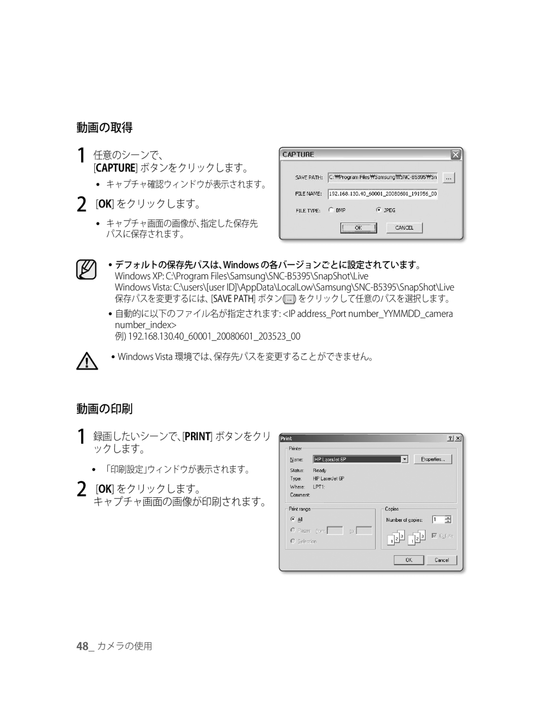 Samsung SNC-B5395P manual 動画の取得, 動画の印刷 