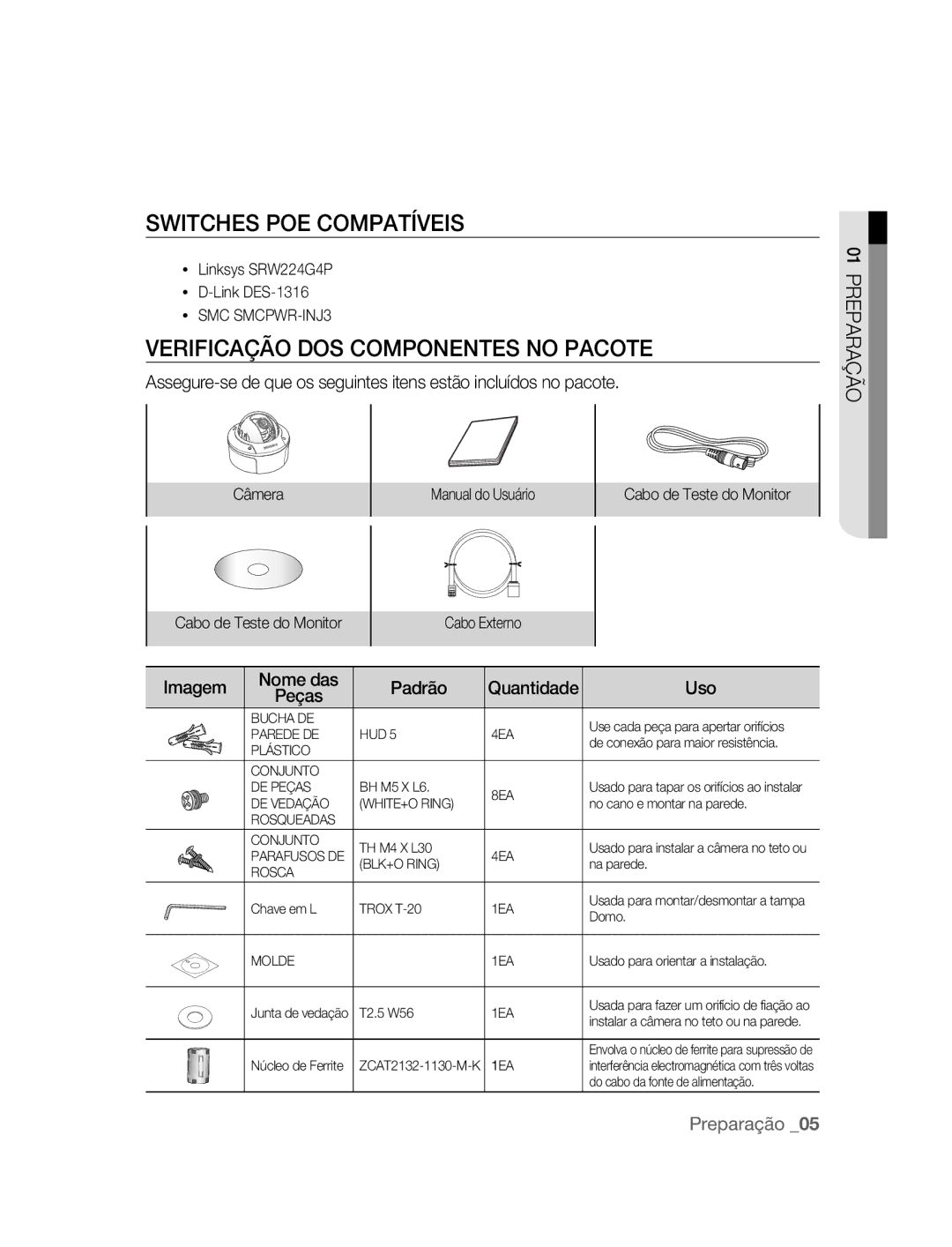 Samsung SNC-B5395P manual Switches POE Compatíveis, Verificação DOS Componentes no Pacote, Câmera Manual do Usuário 