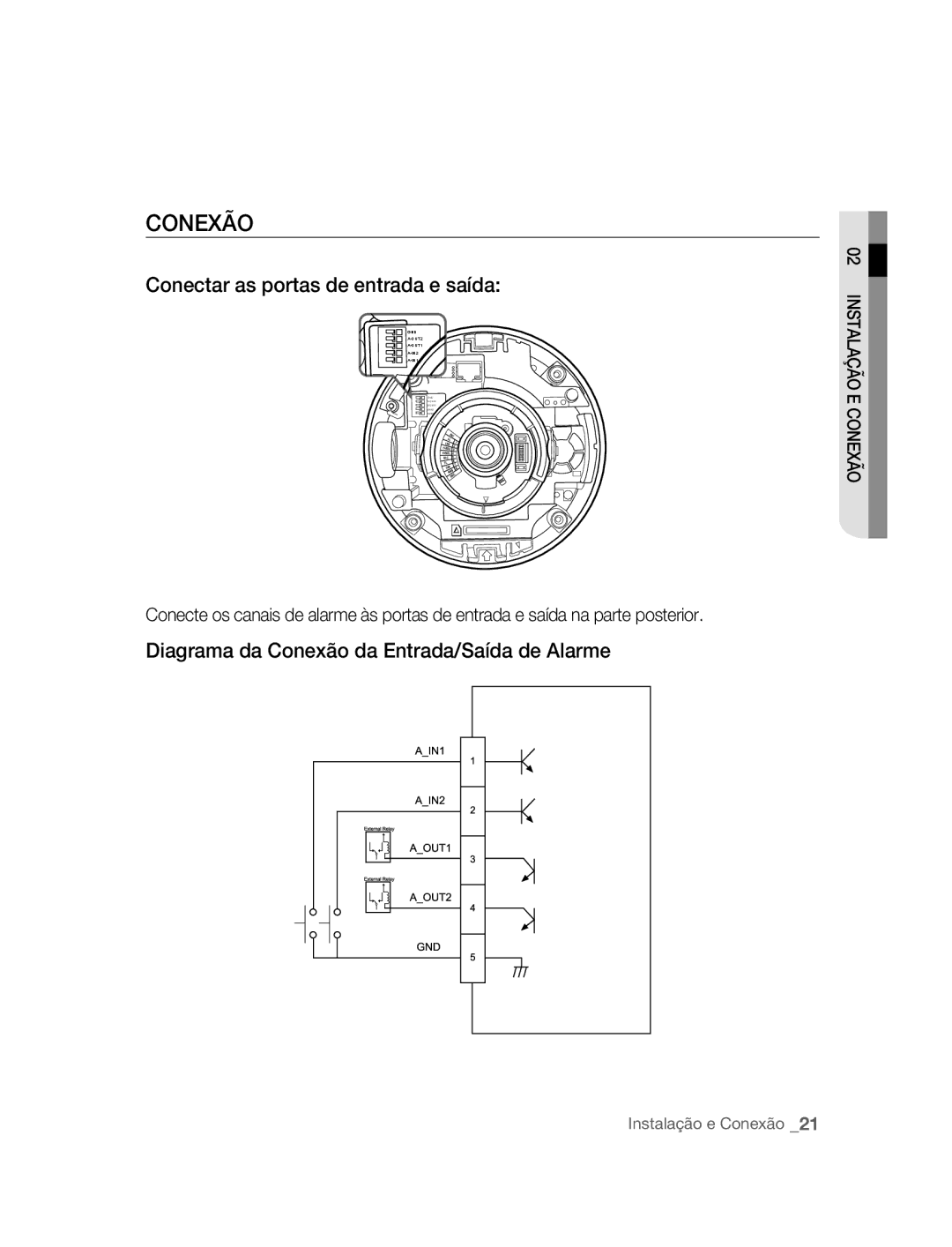 Samsung SNC-B5395P manual Conectar as portas de entrada e saída, Diagrama da Conexão da Entrada/Saída de Alarme 