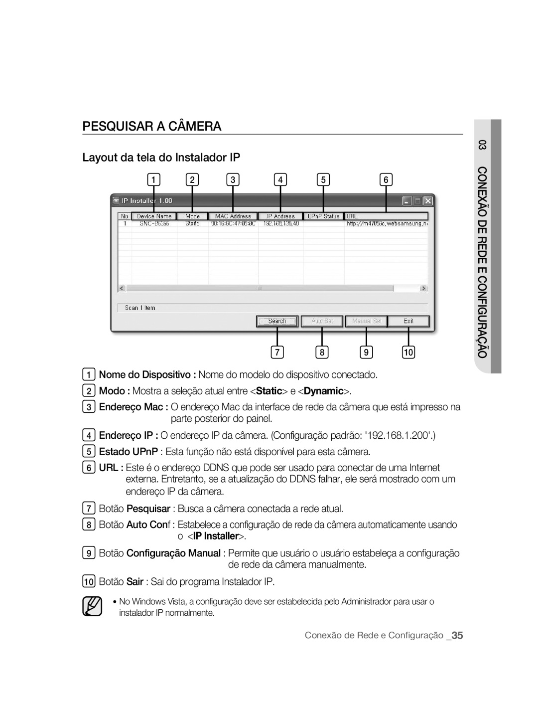 Samsung SNC-B5395P manual Pesquisar a Câmera, Layout da tela do Instalador IP 