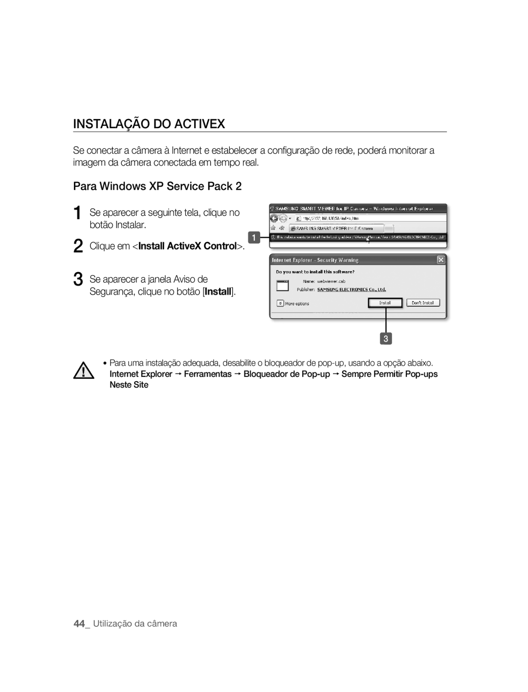 Samsung SNC-B5395P manual Instalação do Activex, Para Windows XP Service Pack 