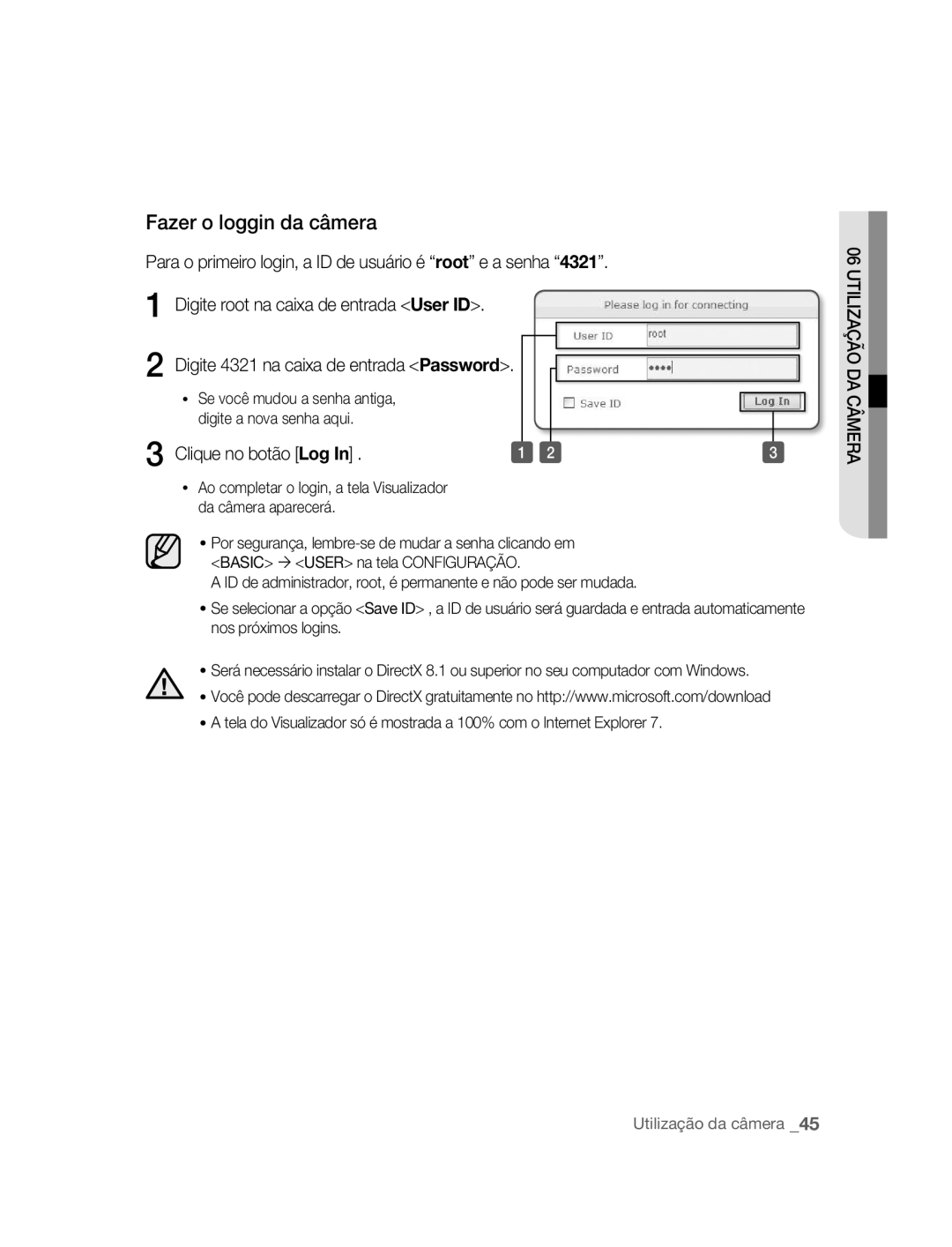 Samsung SNC-B5395P manual Fazer o loggin da câmera, Clique no botão Log 