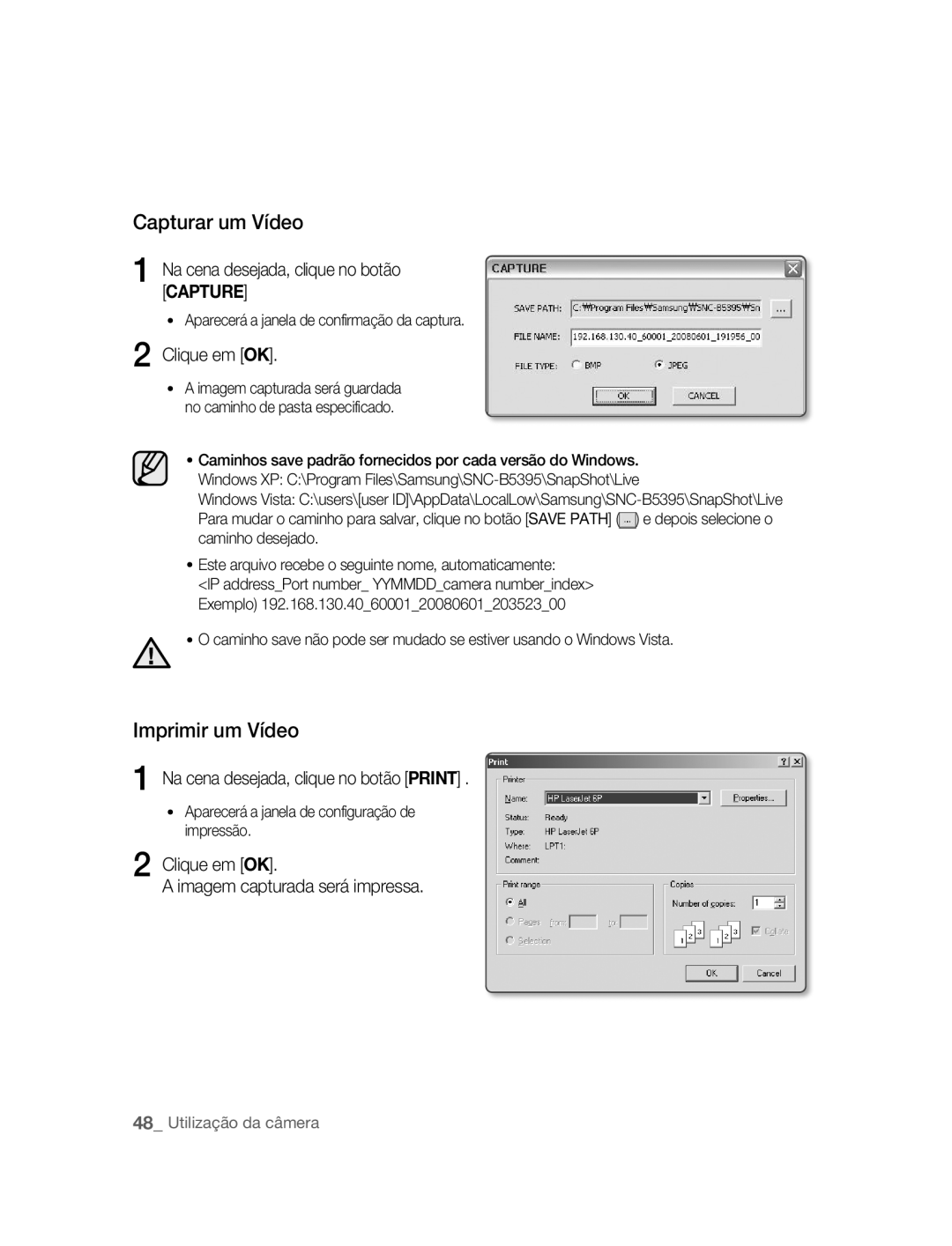 Samsung SNC-B5395P manual Capturar um Vídeo, Imprimir um Vídeo 