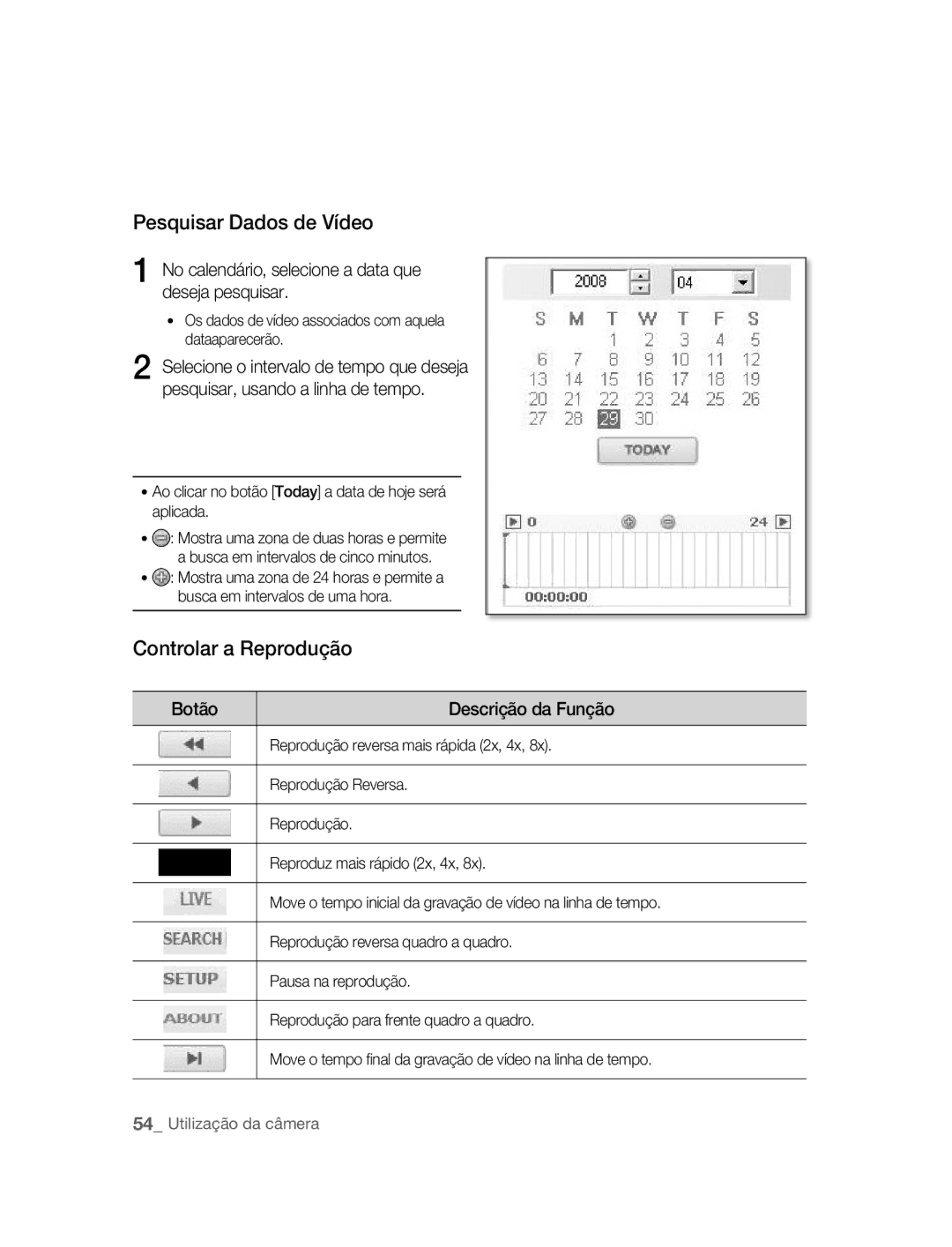 Samsung SNC-B5395P Pesquisar Dados de Vídeo, Controlar a Reprodução, No calendário, selecione a data que deseja pesquisar 