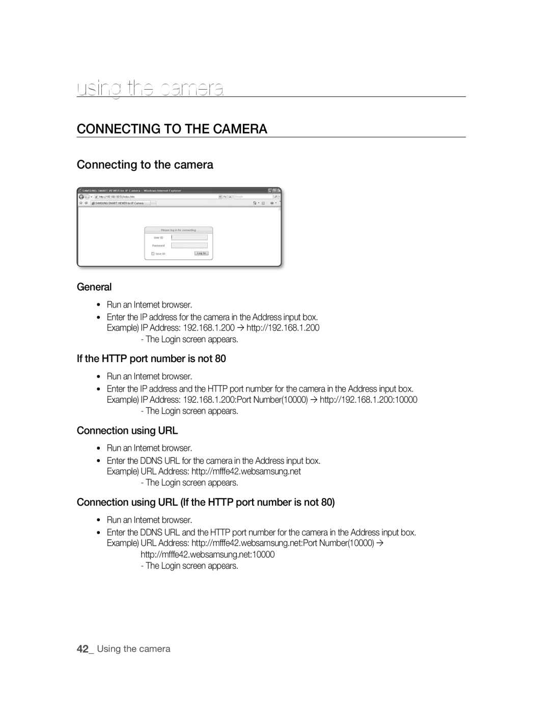 Samsung SNC-B5395P manual using the camera, Connecting to the Camera, Connecting to the camera 