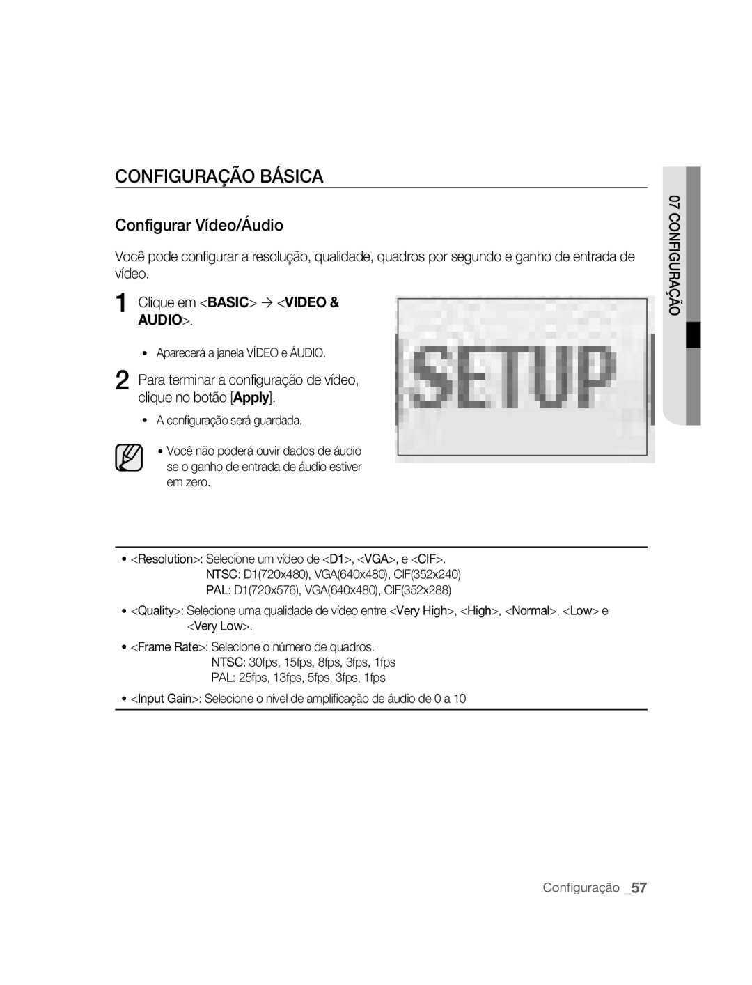 Samsung SNC-B5395P manual Configuração Básica, Configurar Vídeo/Áudio, Aparecerá a janela Vídeo e Áudio 