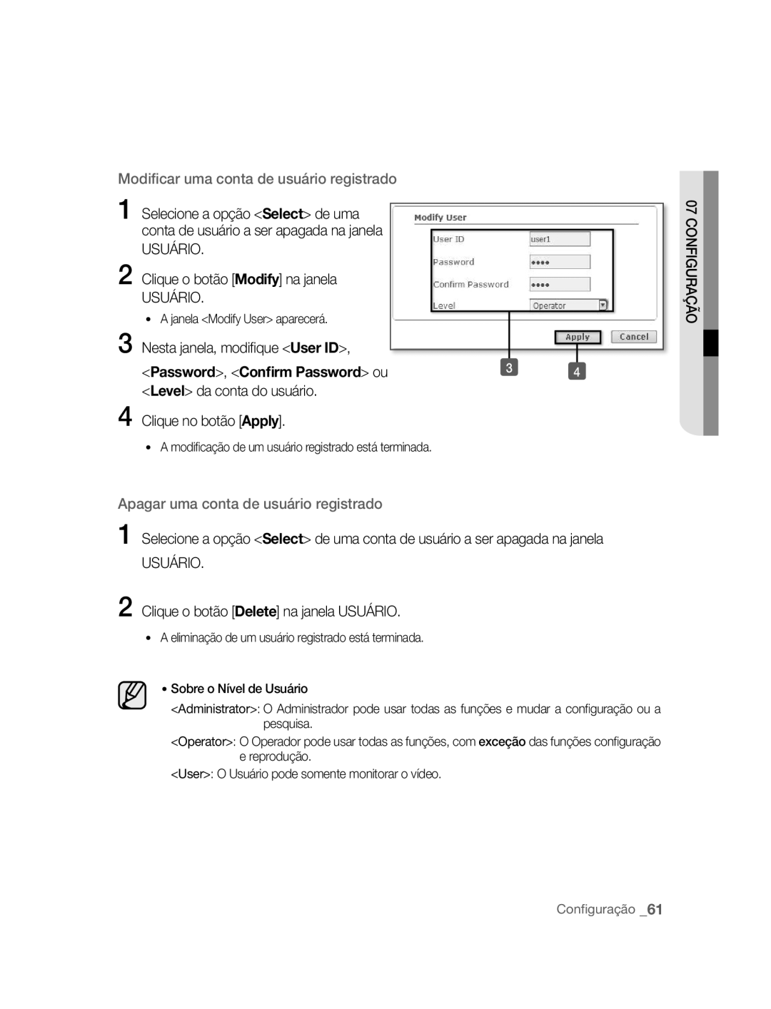 Samsung SNC-B5395P manual Clique o botão Modify na janela, Nesta janela, modiﬁ que User ID, Password , Conﬁrm Password ou 