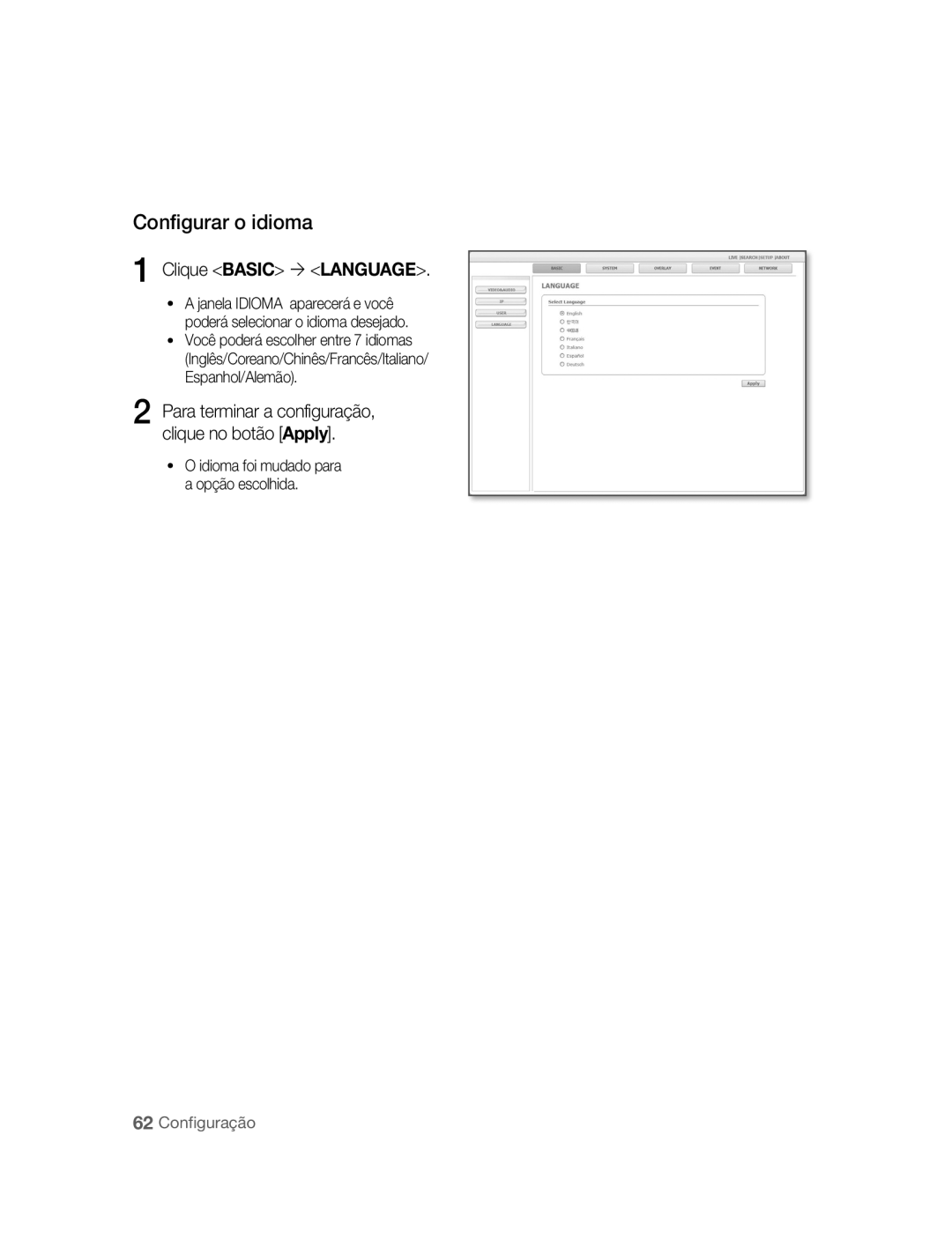 Samsung SNC-B5395P manual Configurar o idioma, Clique Basic Language 