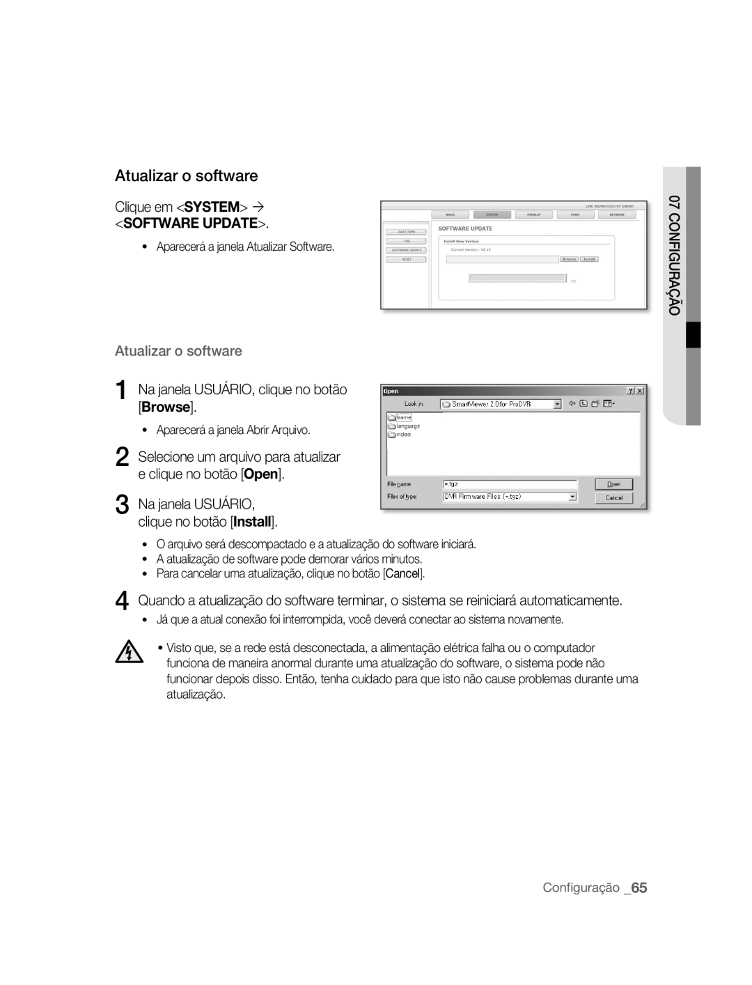 Samsung SNC-B5395P manual Atualizar o software, Clique em System, Na janela USUÁRIO, clique no botão Browse 