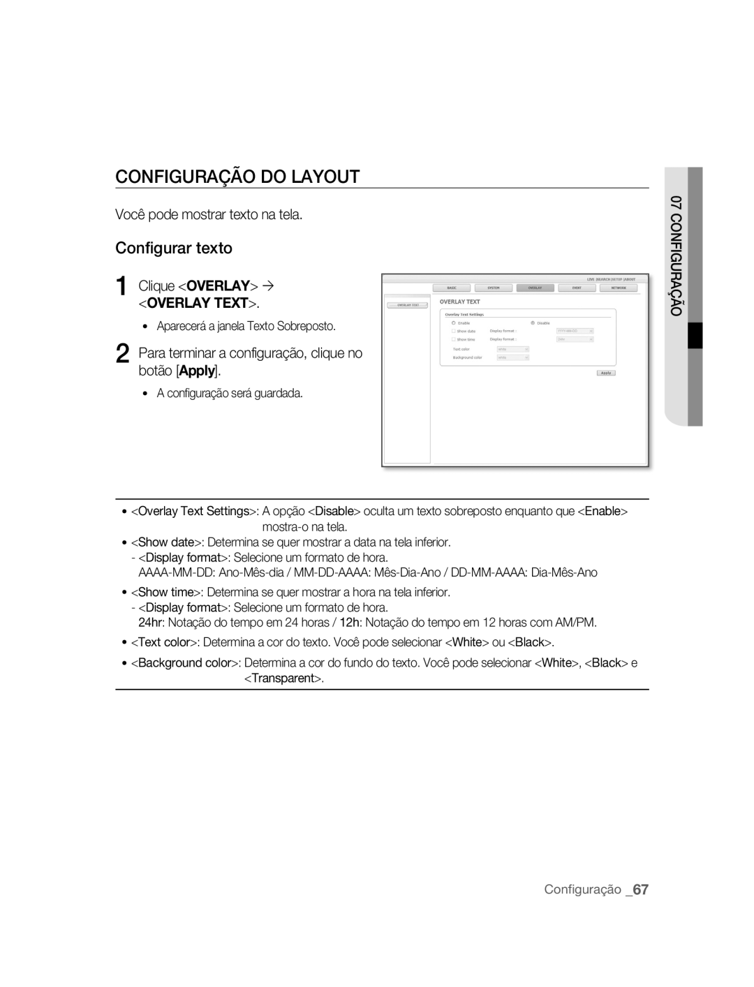 Samsung SNC-B5395P manual Configuração do Layout, Configurar texto, Você pode mostrar texto na tela, Clique Overlay 