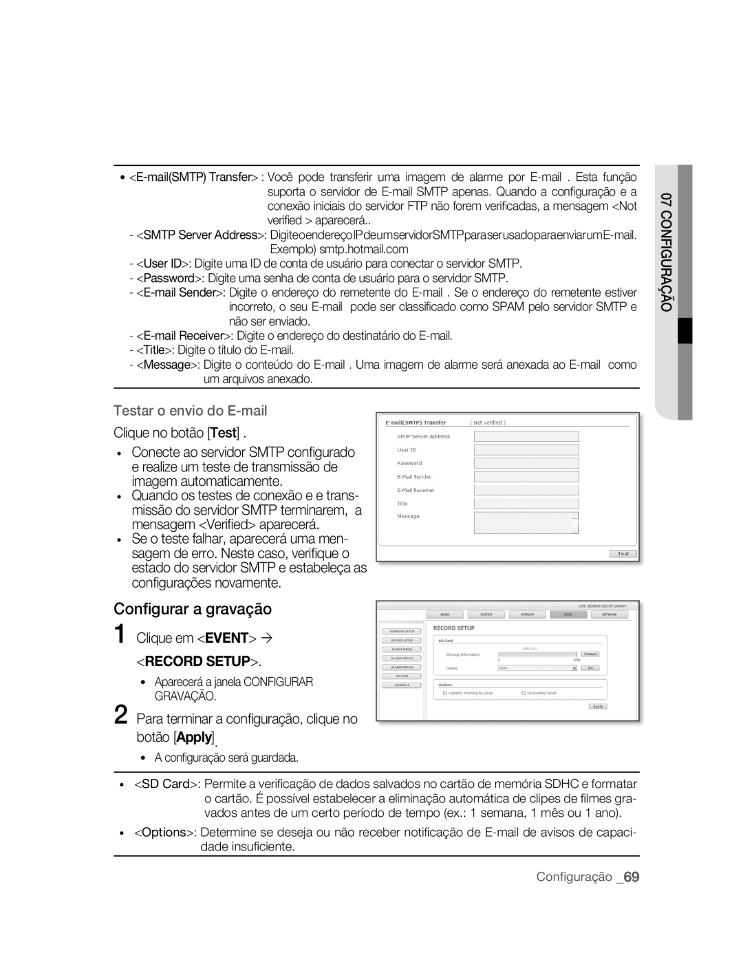 Samsung SNC-B5395P manual Conﬁgurar a gravação, Clique em Event, Record Setup, Conﬁ guração será guardada 