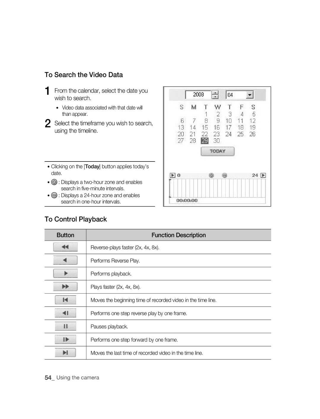 Samsung SNC-B5395P To Search the Video data, To Control Playback, From the calendar, select the date you wish to search 