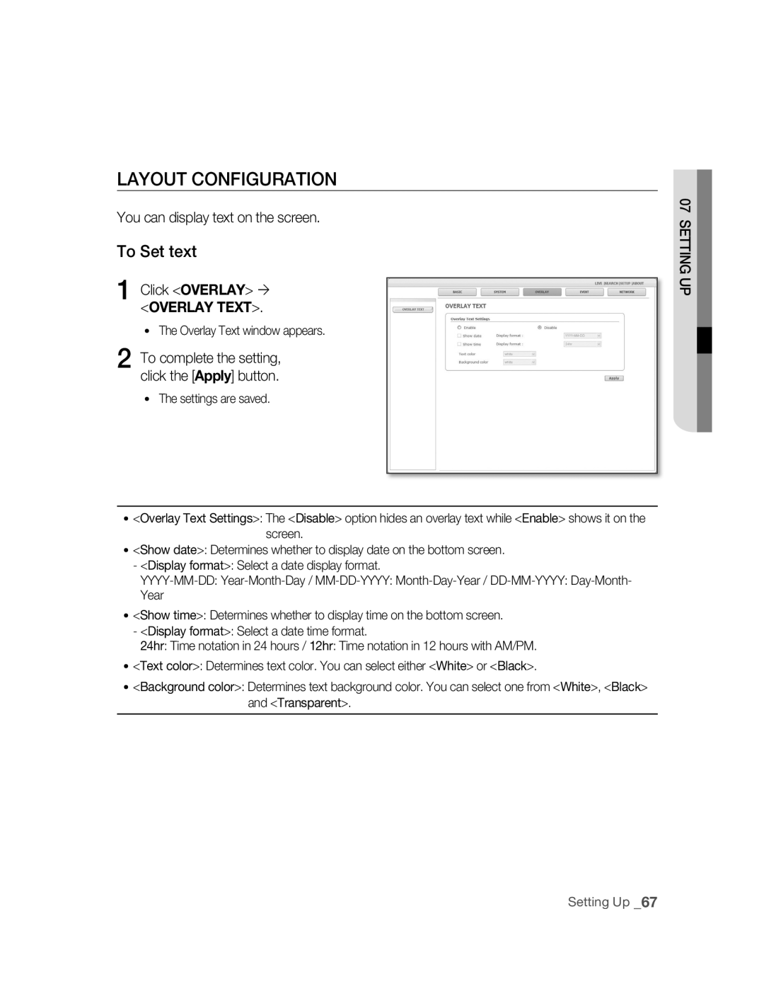 Samsung SNC-B5395P LAyOUT Configuration, To Set text, You can display text on the screen, Click Overlay , Overlay Text 