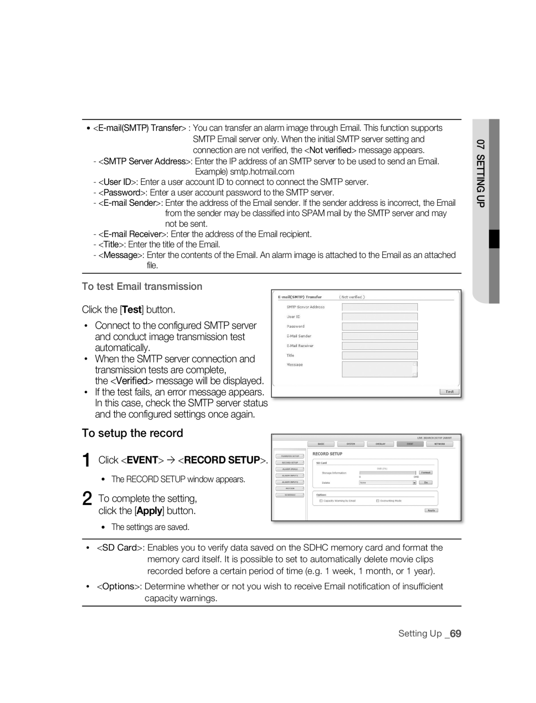 Samsung SNC-B5395P manual To setup the record, Click Event  Record Setup 