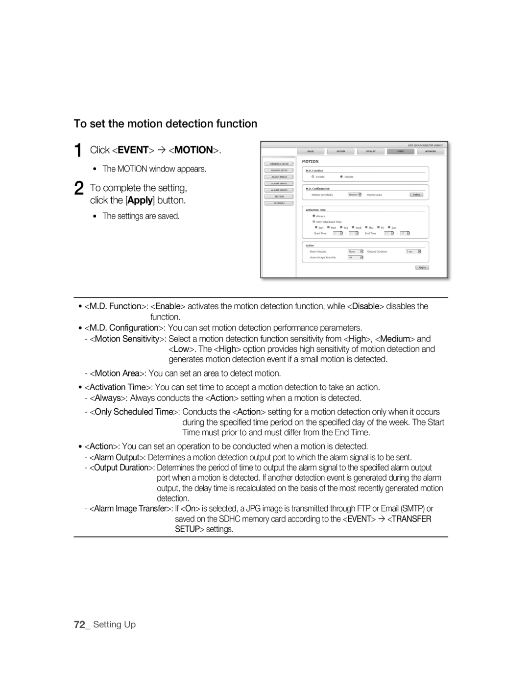 Samsung SNC-B5395P manual To set the motion detection function, Click Event  Motion 