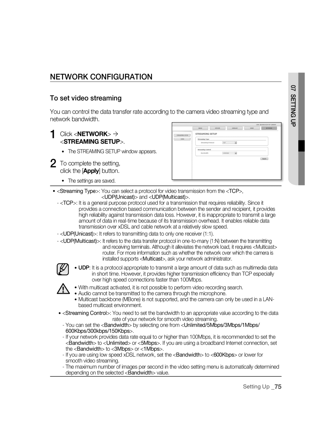 Samsung SNC-B5395P manual Network Configuration, To set video streaming, Streaming Setup 