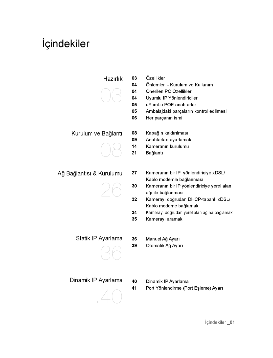 Samsung SNC-B5395P manual İçindekiler, Hazırlık, Kurulum ve Bağlantı, Statik IP Ayarlama Dinamik IP Ayarlama 