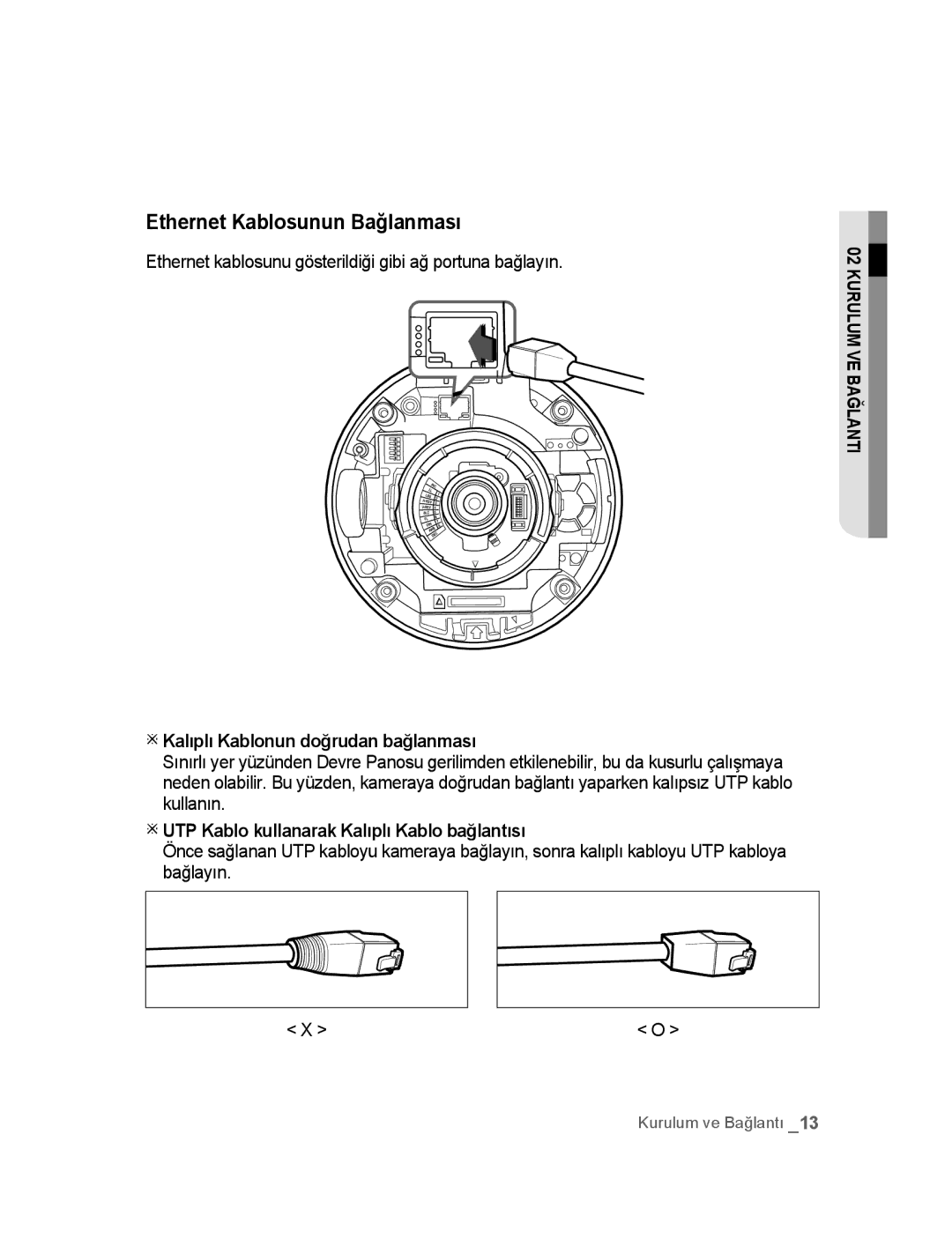 Samsung SNC-B5395P manual Ethernet Kablosunun Bağlanması, Ethernet kablosunu gösterildiği gibi ağ portuna bağlayın 