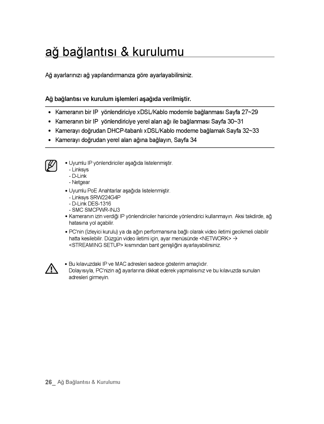 Samsung SNC-B5395P manual Ağ bağlantısı & kurulumu, Ağ ayarlarınızı ağ yapılandırmanıza göre ayarlayabilirsiniz 