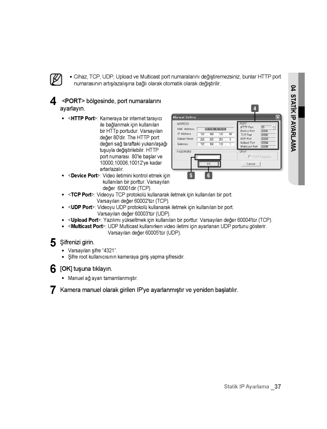 Samsung SNC-B5395P manual Port bölgesinde, port numaralarını Ayarlayın 