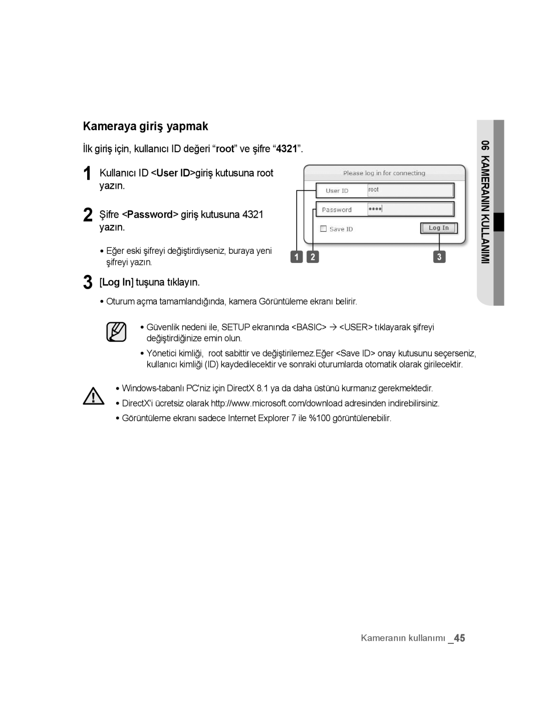 Samsung SNC-B5395P manual İlk giriş için, kullanıcı ID değeri root ve şifre, Log In tuşuna tıklayın 