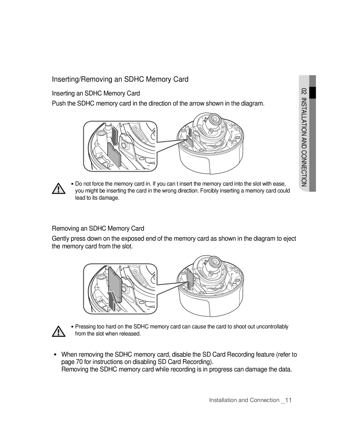 Samsung SNC-B5395P manual Inserting/Removing an SdhC Memory Card 