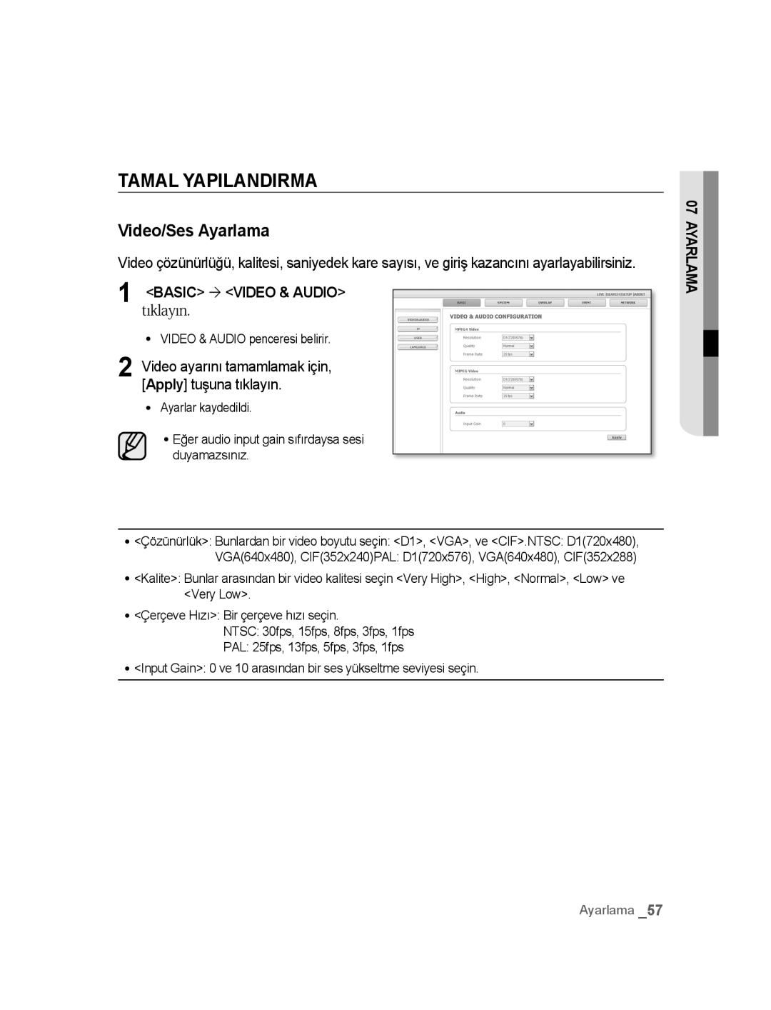 Samsung SNC-B5395P Tamal Yapilandirma, Video/Ses Ayarlama, Basic ´ Video & Audio tıklayın, Video & Audio penceresi belirir 