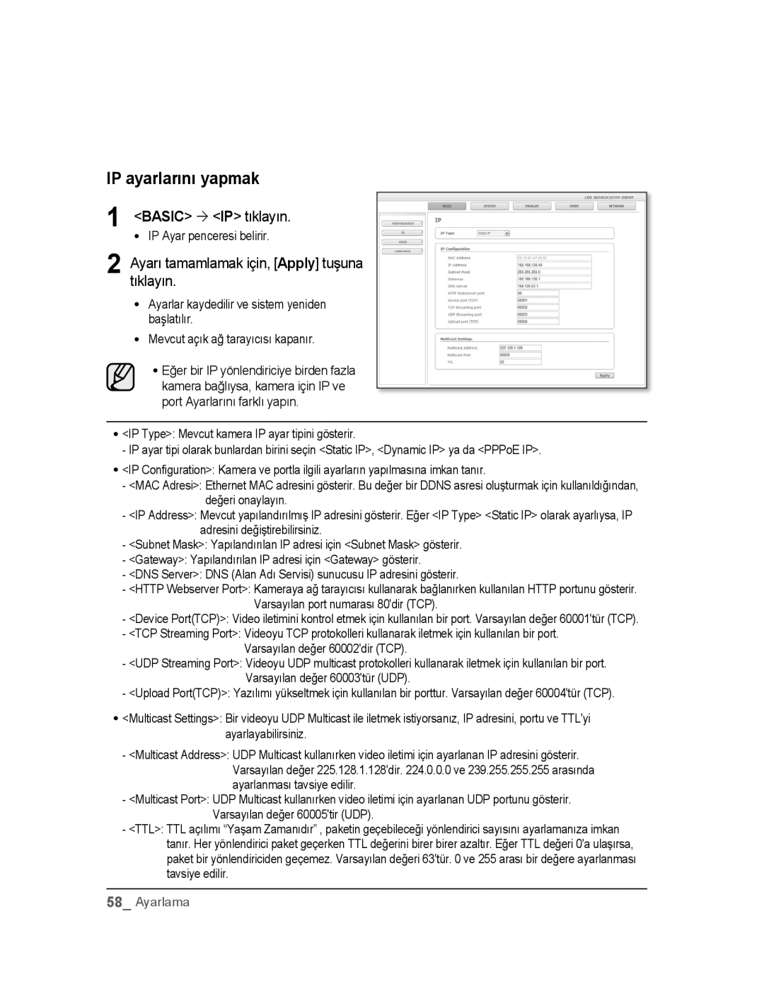 Samsung SNC-B5395P manual IP ayarlarını yapmak, Ayarı tamamlamak için, Apply tuşuna tıklayın 