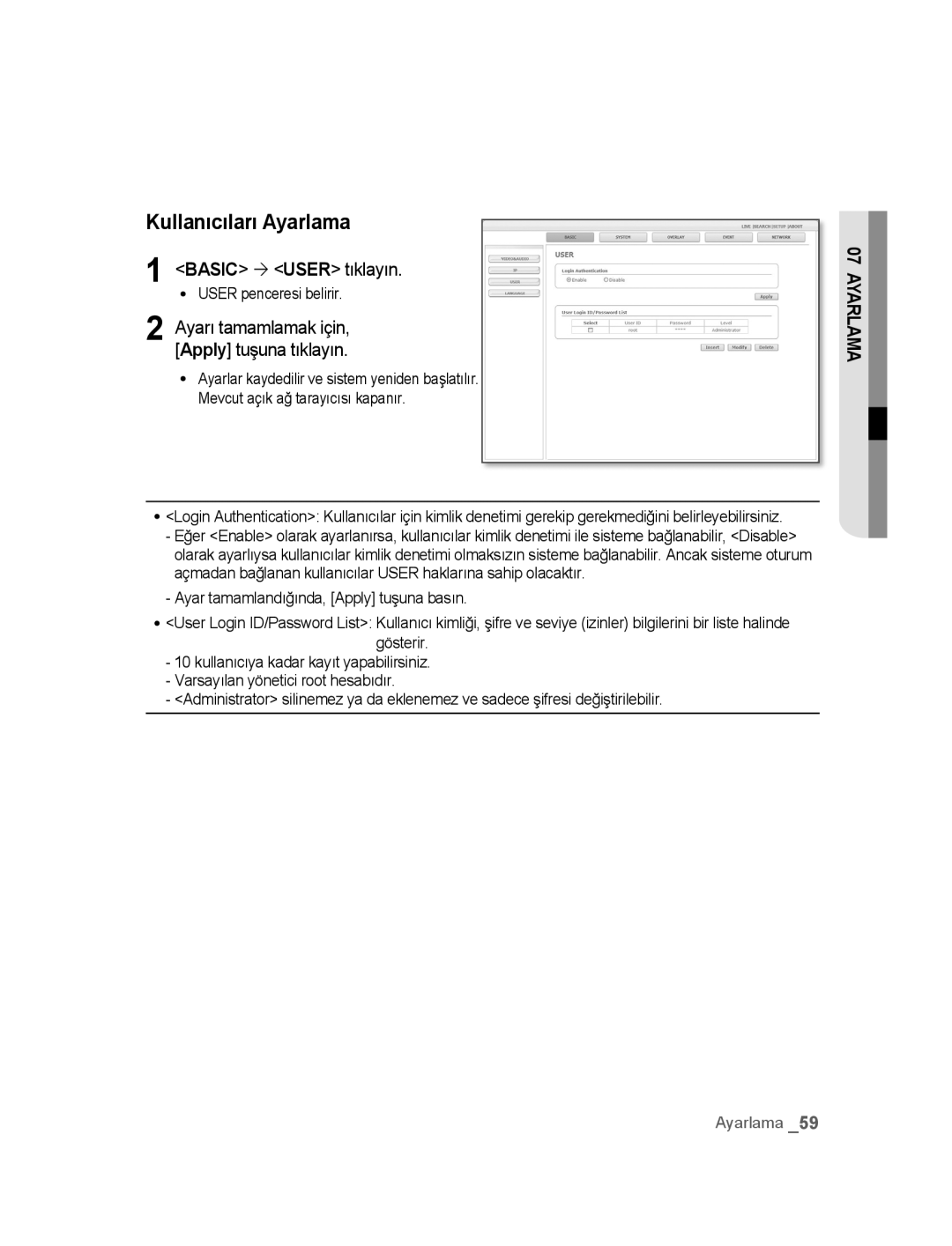 Samsung SNC-B5395P manual Kullanıcıları Ayarlama, Basic ´ User tıklayın 