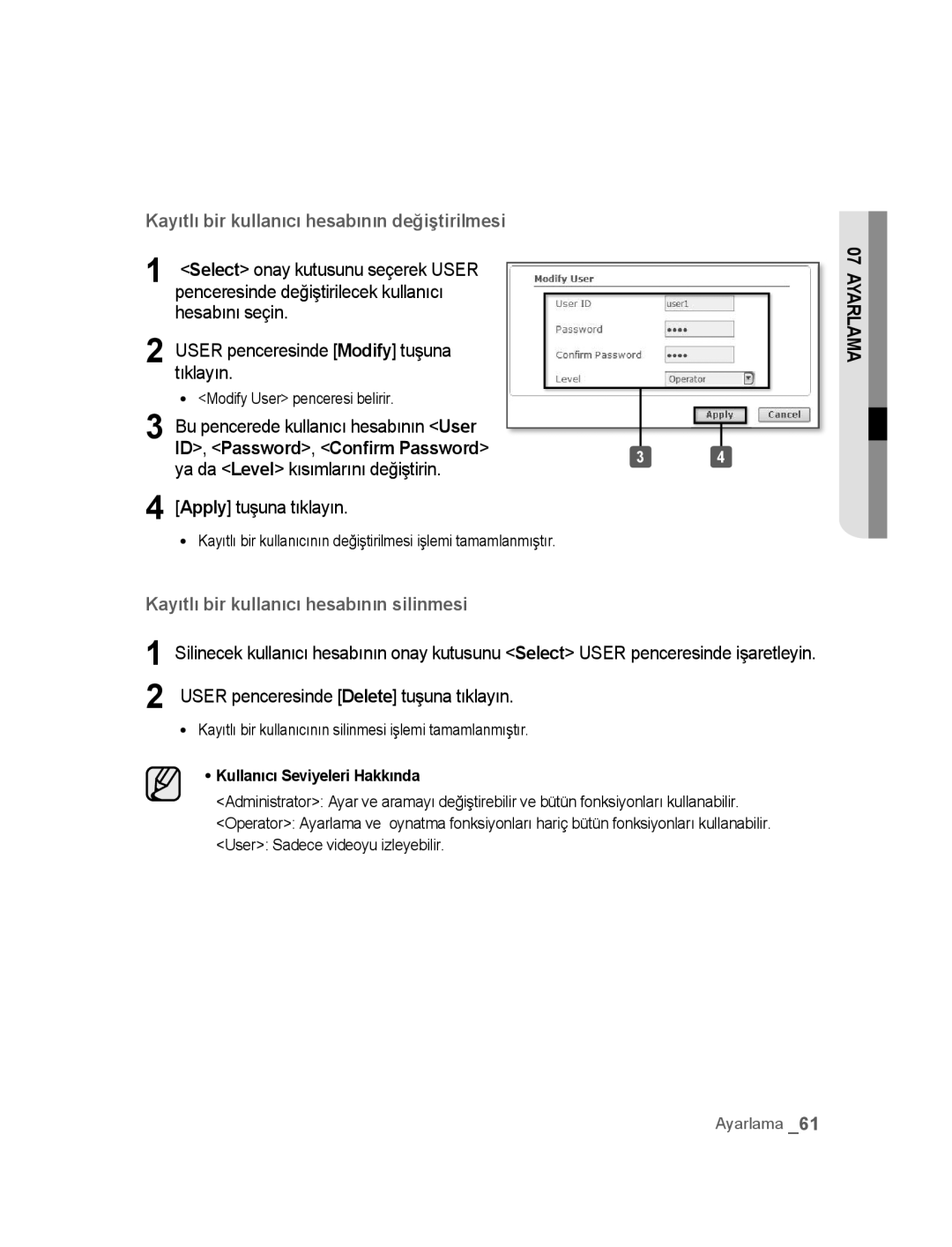 Samsung SNC-B5395P manual Penceresinde değiştirilecek kullanıcı, Hesabını seçin, User penceresinde Modify tuşuna 