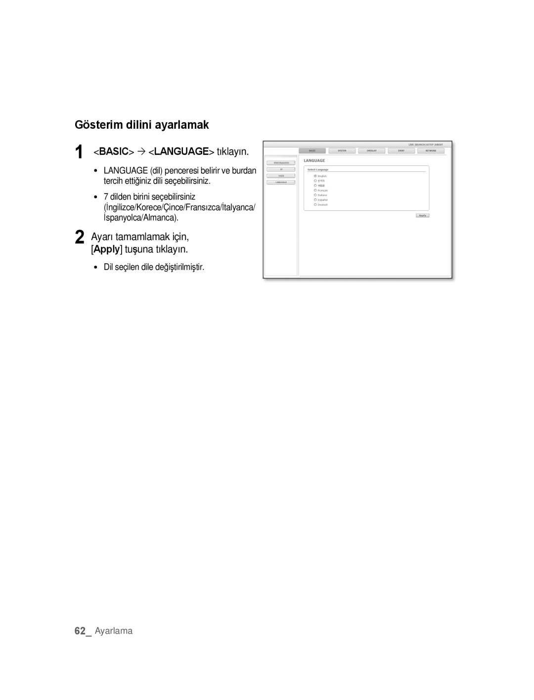 Samsung SNC-B5395P manual Gösterim dilini ayarlamak, Basic ´ Language tıklayın 