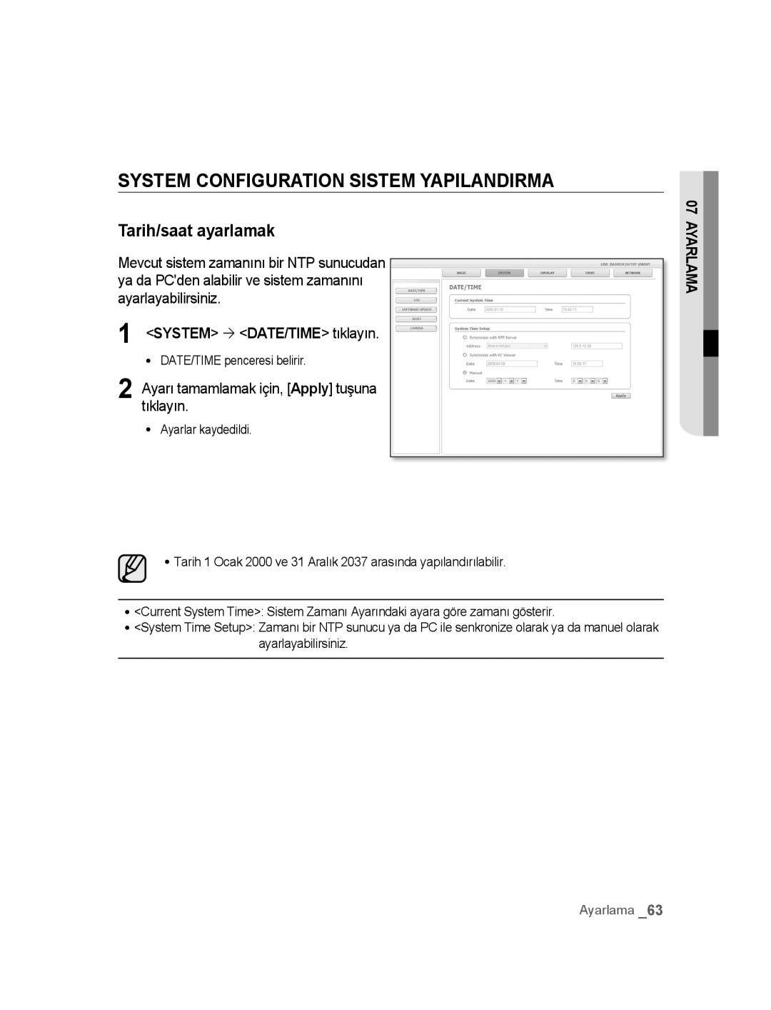 Samsung SNC-B5395P manual System Configuration Sistem Yapilandirma, Tarih/saat ayarlamak, DATE/TIME penceresi belirir 