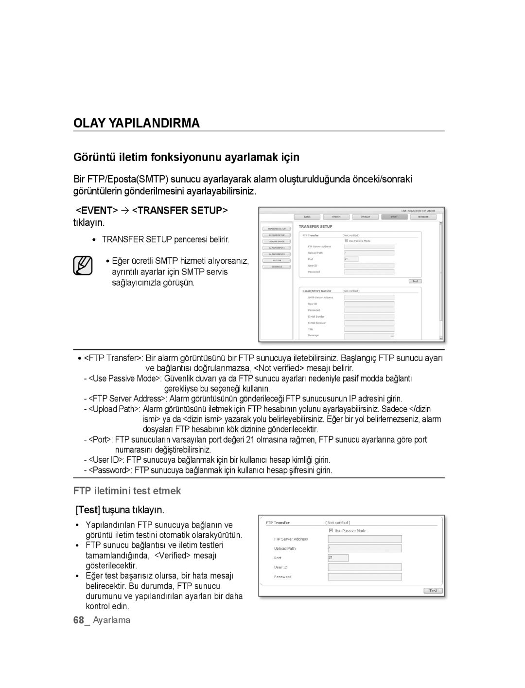 Samsung SNC-B5395P manual Olay Yapilandirma, Görüntü iletim fonksiyonunu ayarlamak için, Event ´ Transfer Setup tıklayın 