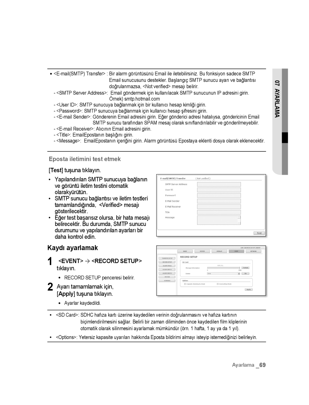 Samsung SNC-B5395P manual Kaydı ayarlamak, Event ´ Record Setup tıklayın 