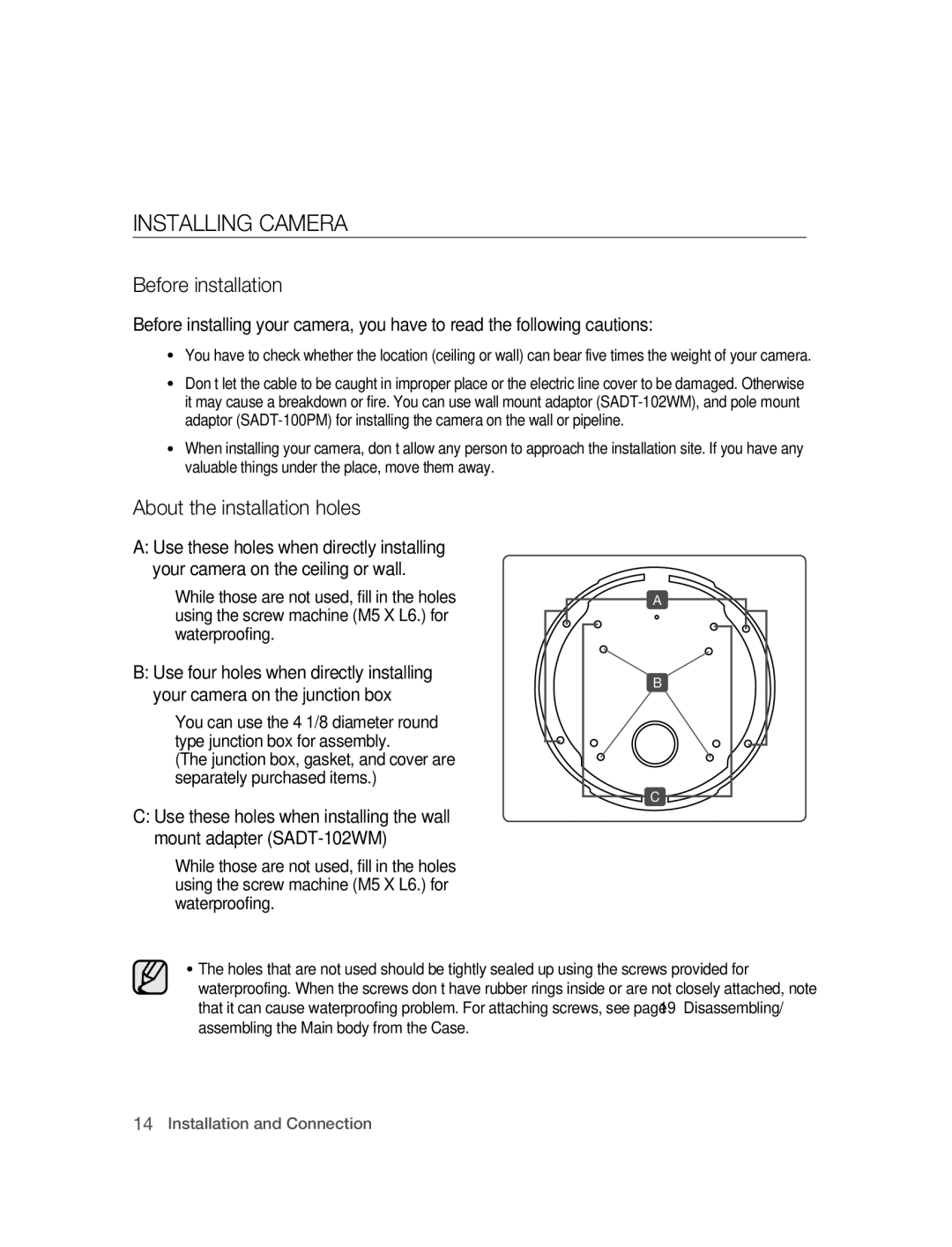 Samsung SNC-B5395P manual INSTAllING Camera, Before installation, About the installation holes 