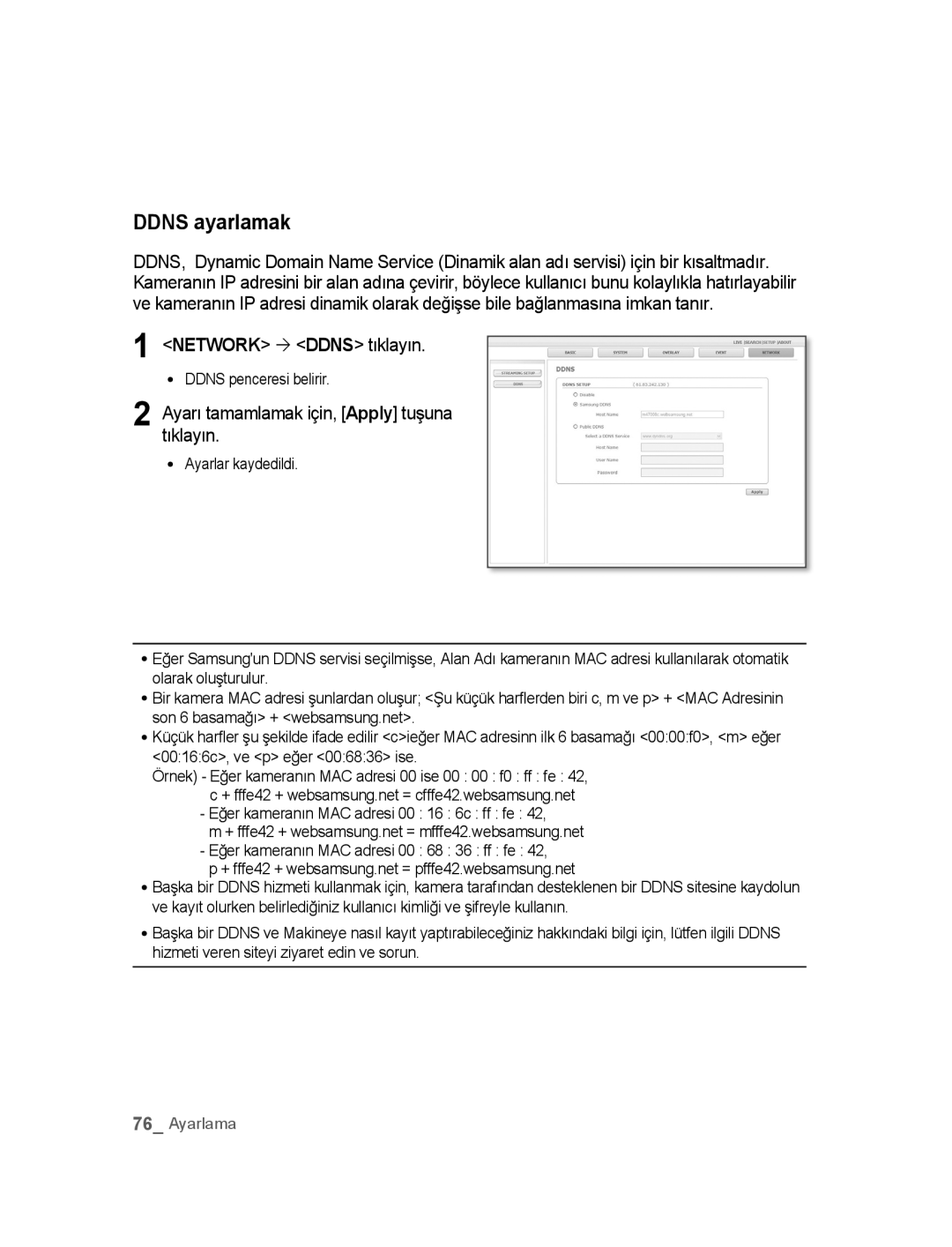 Samsung SNC-B5395P manual Ddns ayarlamak, Network ´ Ddns tıklayın, Ddns penceresi belirir 