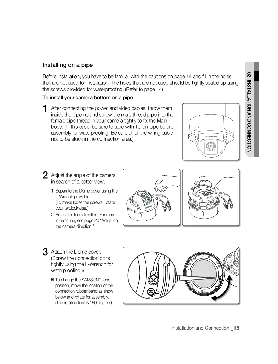 Samsung SNC-B5395P manual Installing on a pipe, To install your camera bottom on a pipe 