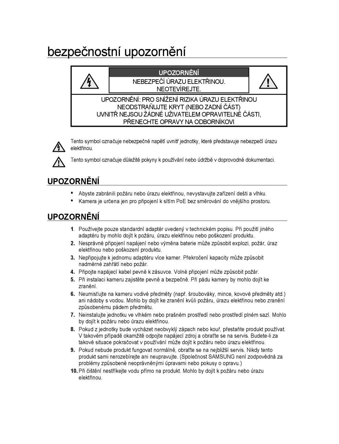 Samsung SNC-B5395P manual Bezpečnostní upozornění, Upozornění 