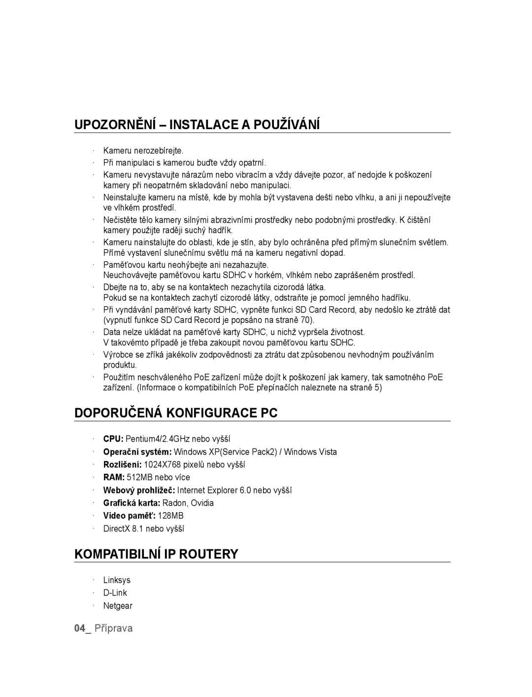 Samsung SNC-B5395P manual Upozornění Instalace a Používání, Doporučená Konfigurace PC, Kompatibilní IP Routery 