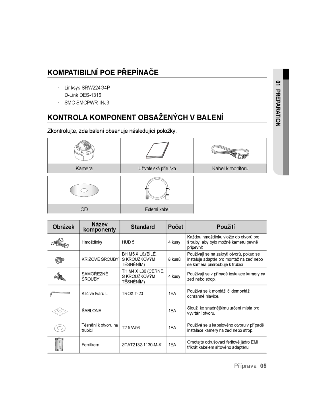 Samsung SNC-B5395P manual Kompatibilní POE Přepínače, Kontrola Komponent Obsažených V Balení 