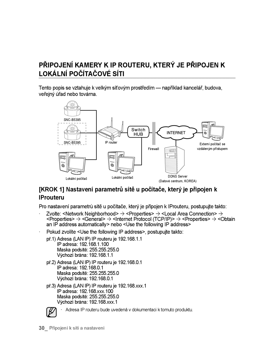 Samsung SNC-B5395P manual Maska podsítě Výchozí brána, Př.1 Adresa LAN IP IP routeru je 192.168.1.1 IP adresa 