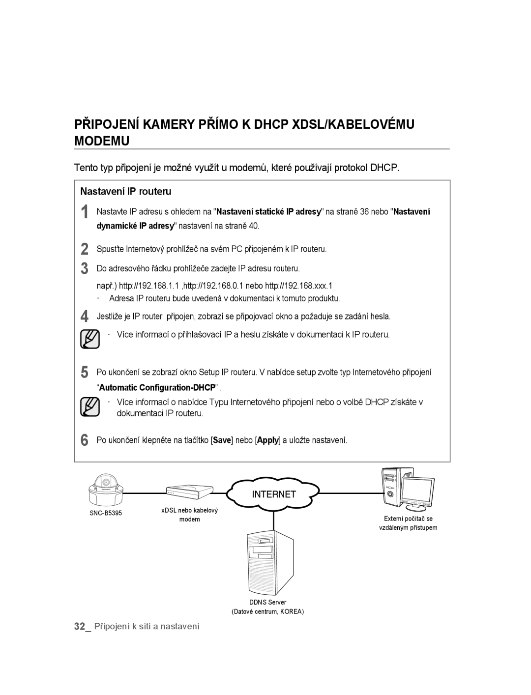 Samsung SNC-B5395P manual Připojení Kamery Přímo K Dhcp XDSL/KABELOVÉMU Modemu, Nastavení IP routeru 