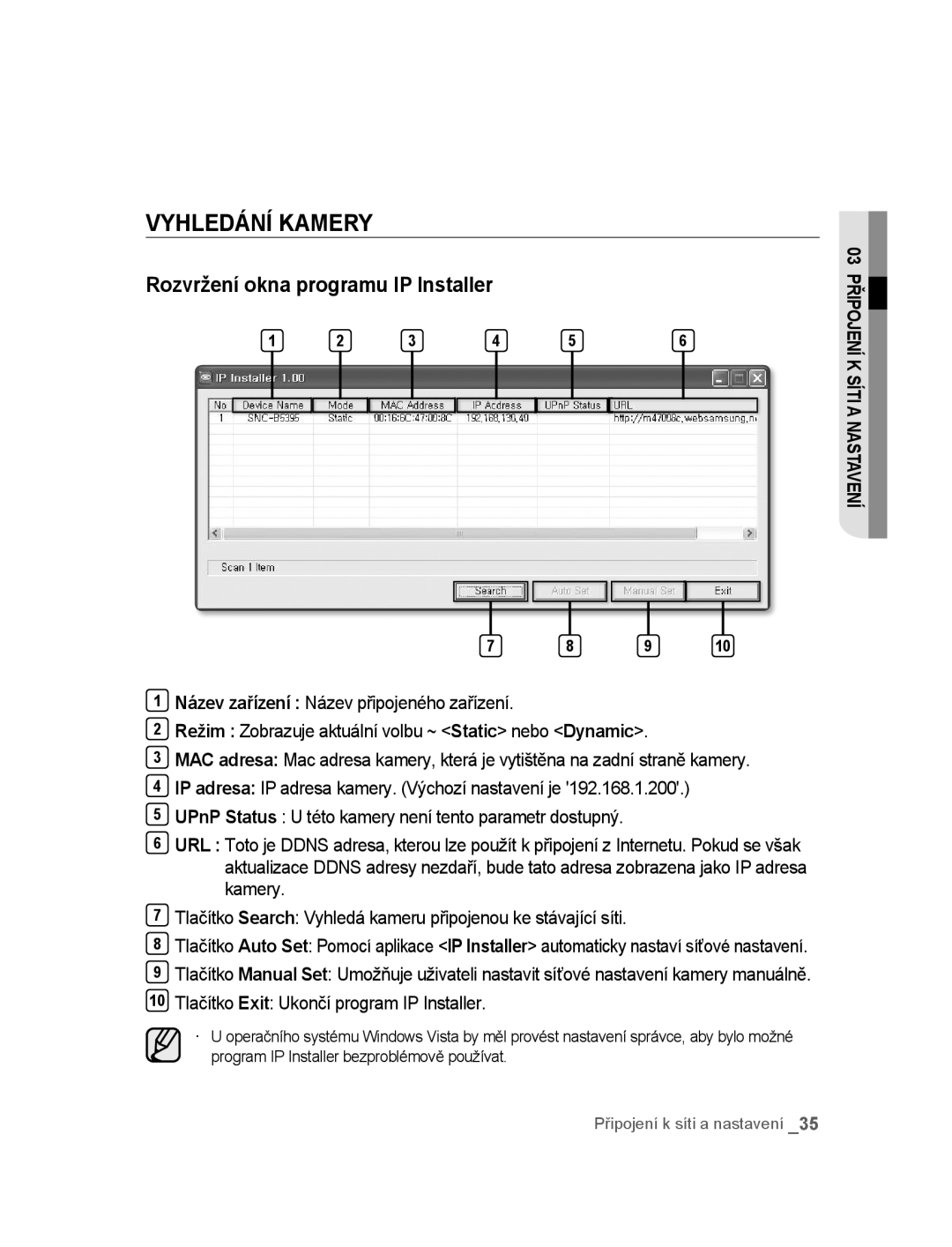 Samsung SNC-B5395P manual Vyhledání Kamery, Rozvržení okna programu IP Installer 