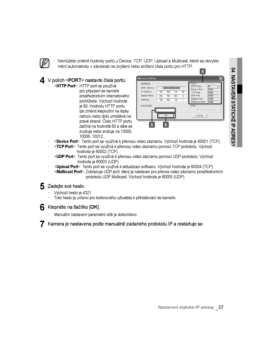 Samsung SNC-B5395P manual Polích Port nastavte čísla portů, Zadejte své heslo, Klepněte na tlačítko OK 