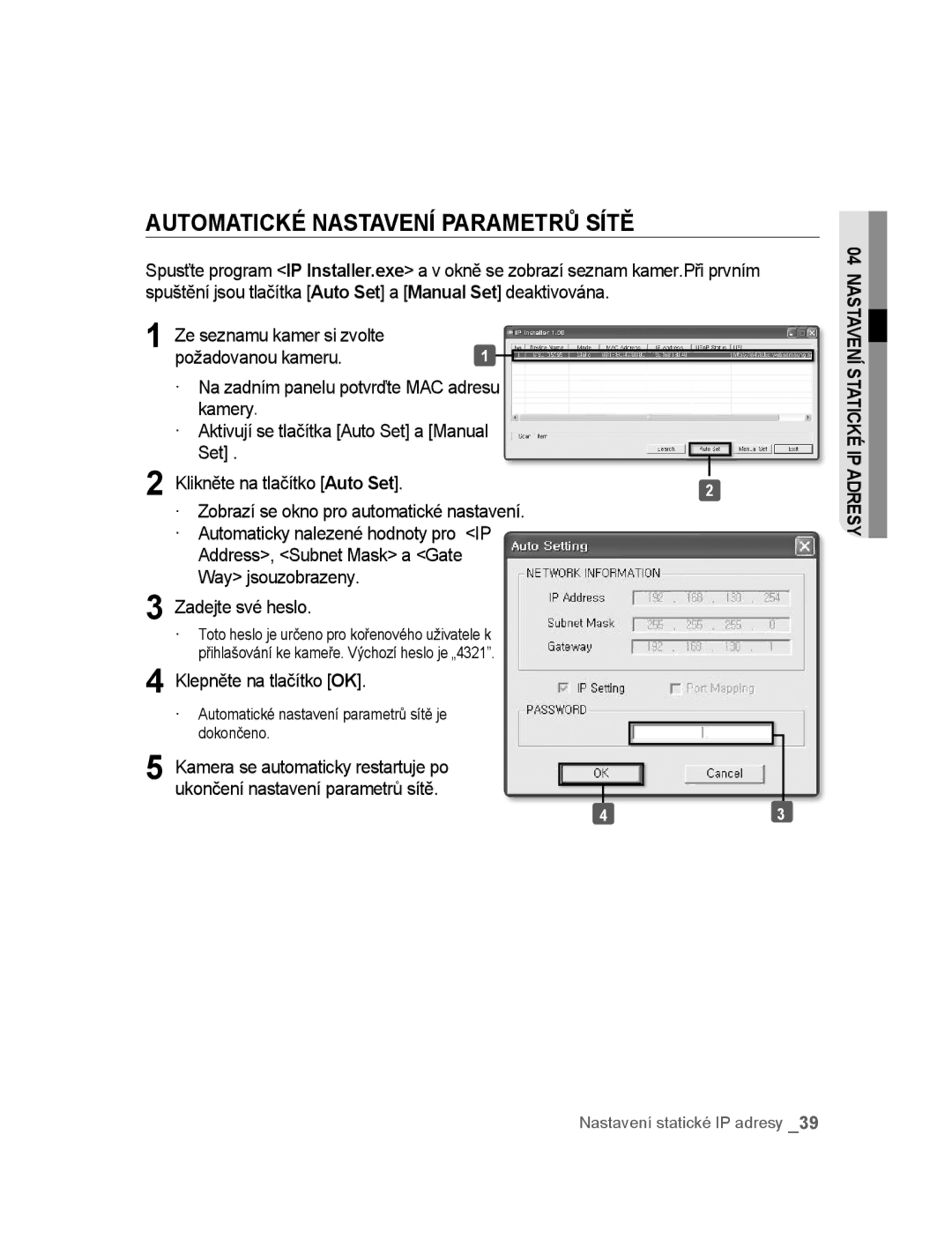 Samsung SNC-B5395P manual Automatické Nastavení Parametrů Sítě 